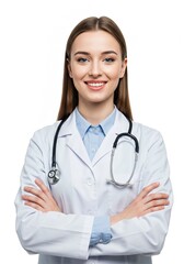 Photo of young woman folding hands . a confident doctor with a happy face. plain white background . Ai generative 