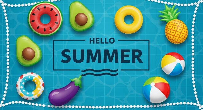 hello summer banner with inflatables on swimming pool water vector

