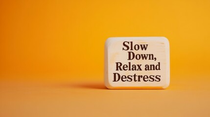 Creator hand-painted a wooden block with the text Slow Down, Relax and Destress on an orange background. Concept of stress relief or relaxation activity for well-being and life balance.