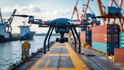 A drone flies over a busy port, capturing images of shipping containers and cranes, showcasing modern logistics and aerial technology.