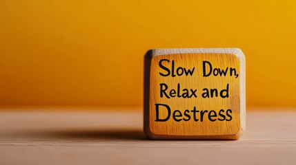 Creator hand-painted a wooden block with the text Slow Down, Relax and Destress on an orange background. Concept of stress relief or relaxation activity for well-being and life balance.