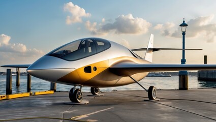 A sleek, futuristic aircraft parked by the water, showcasing modern design and advanced technology against a scenic sunset backdrop.