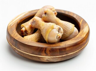 Close-up of several cooked chicken drumsticks in a rustic wooden bowl.  A simple, healthy meal prep.