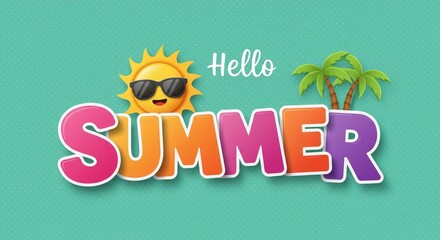 Summer hello text greeting vector design. Hello summer typography with sun and pam tree paper cut elements in blue dot pattern background. Vector illustration summer greeting design.

