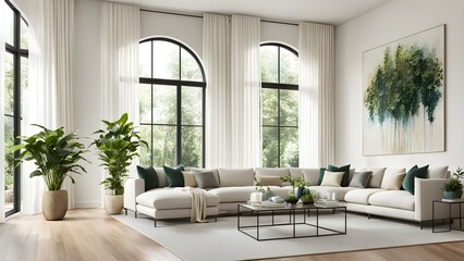 Modern living room interior with a large sectional sofa, floor-to-ceiling arched windows, lush greenery, and a large abstract painting.
