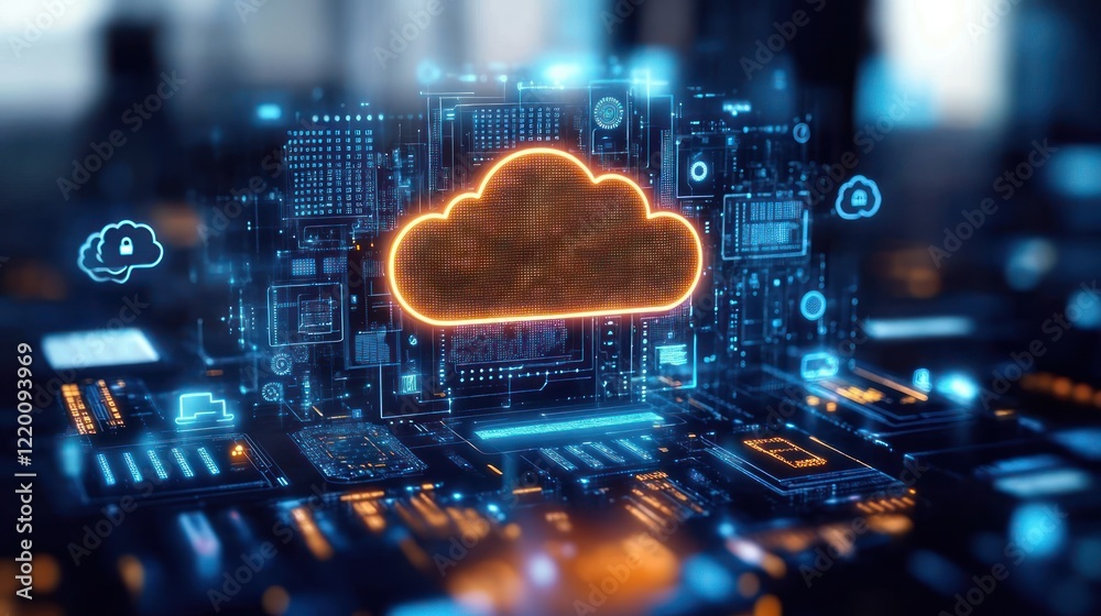 Poster Cloud Technology Digital Landscape with Data Streams and AI Symbols