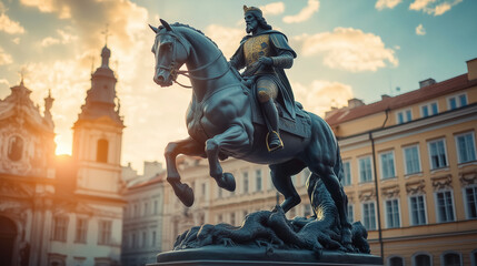 Obraz premium A statue of St. George on horseback, defeating a dragon in an old town square, illuminated by the morning sunlight, Ai generated images