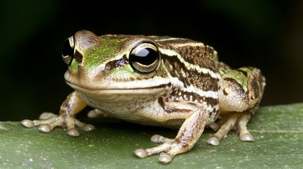 Obraz premium Closeup Portrait of a Striped Green Frog on Leaf
