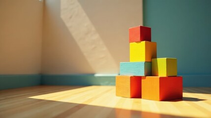 Brightly colored wooden blocks forming a small tower in a sunlit room