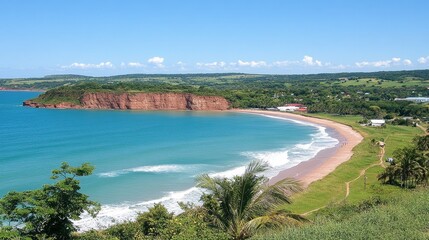 Coastal Bay Scenic Vista with Red Cliffs and Sandy Beach
