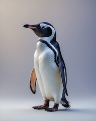 Obraz premium A charming penguin stands gracefully, showcasing its distinctive black and white feathers against a soft background.