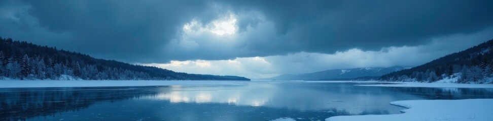 Fototapeta premium Dark storm clouds gathering over a frozen lake in the midst of winter, lake, icy, cloudy