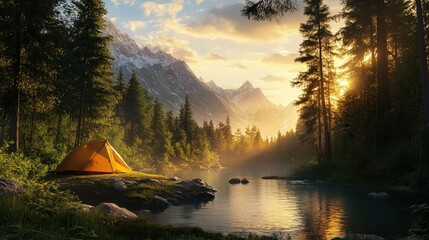 Fototapeta premium sunrise over a mountain campsite, with a tent pitched near a calm river and the warm light illuminating the surrounding trees.