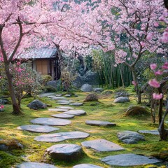 Serene Japanese Garden Path Under Cherry Blossoms