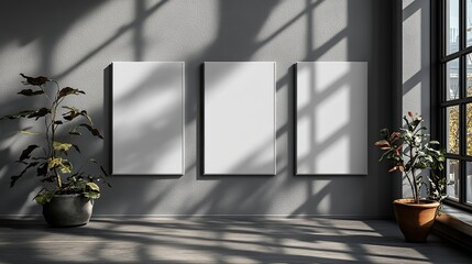 Fototapeta premium Three empty white menu mockups with shadows on gray wall. Flat lay.