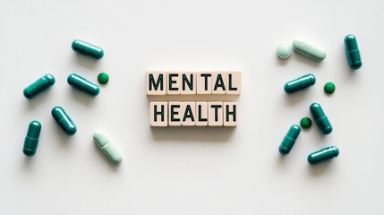 Wooden Scrabble tiles with the text MENTAL and two other words that say HEALTH laying on a white background, with some green pills scattered around them.