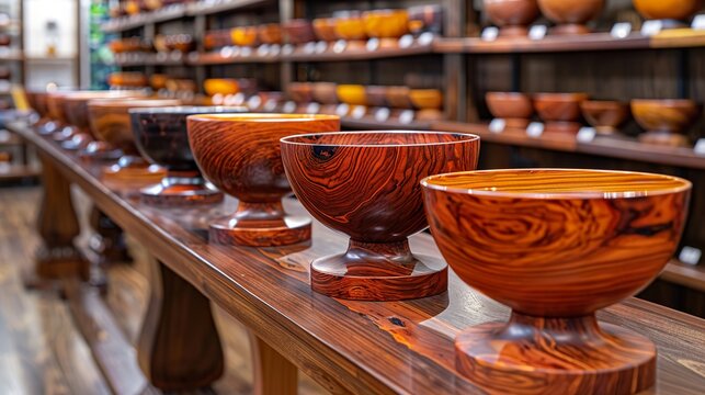 A detailed image of handcrafted wooden items with unique textures and finishes, such as artisanal bowls or bespoke furniture. 