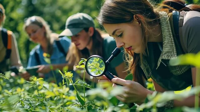 During a biology field teaching lesson, young pupils learn about nature and the forest ecosystem while using a magnifying glass to see wild flora.