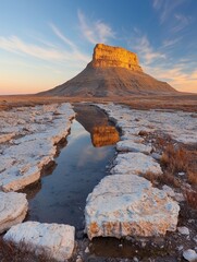 A stunning landscape featuring a prominent rock formation reflecting in a shallow stream under a colorful sky at sunset.