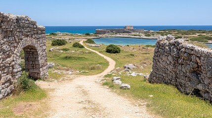 Fototapeta premium Coastal Ruins Pathway Leading to Ancient Fortress
