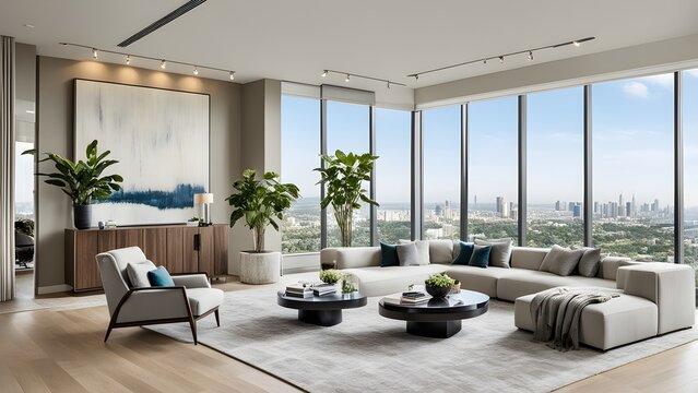 Modern luxury living room with panoramic city views, featuring a large sectional sofa, stylish coffee tables, and a minimalist color palette.