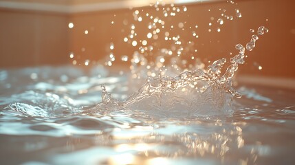 Transparent beige clear water surface texture with ripples and splashes. Abstract nature background, water waves in sunlight.