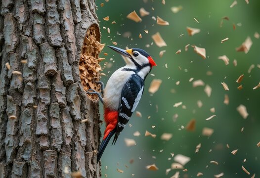 A great spotted woodpecker is actively pecking at a tree trunk, scattering wood chips in the air.