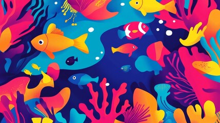 73.1. A colorful and playful flat cartoon illustration of a vibrant underwater world, with schools of fish swimming gracefully around coral reefs, surrounded by sea creatures in bright, bold colors