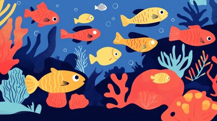 Obraz premium 73.1. A colorful and playful flat cartoon illustration of a vibrant underwater world, with schools of fish swimming gracefully around coral reefs, surrounded by sea creatures in bright, bold colors