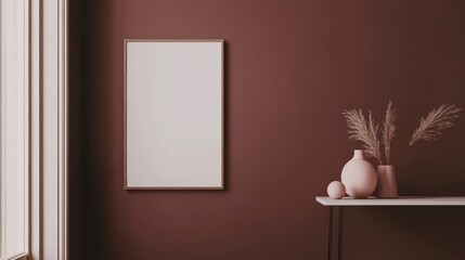 A photo of an empty wall with a simple, minimalist design in the style interior. The color is a rich burgundy brown.