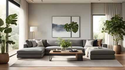 Modern gray sectional sofa with chaise lounge in a bright living room featuring large plants, artwork, and a minimalist coffee table.