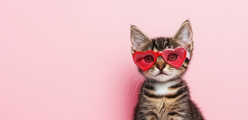 Adorable tabby kitten wearing red heart-shaped glasses against a pastel pink background. Perfect for Valentine’s Day campaigns, greeting cards, and creative projects
