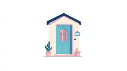 Flat vector logo of a front door, in a simple minimalistic style, with a pastel color palette featuring teal and pink shades, conveying a cozy house theme
