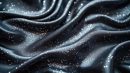 Obraz premium Trendy 80s, 90s, 2000s background of draped dark gray fabric with silver lurex thread. Beautiful fashionable shiny fabric with a shiny thread for making clothes. Textile background texture.