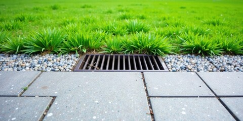 A metal grate drainage system nestled within a vibrant green lawn, bordered by smooth stones and gray paving stones.