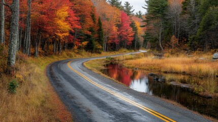 Fototapeta premium A serene road winding through a colorful autumn forest in the White Mountains, with vibrant trees reflecting in a nearby calm stream, creating a picturesque fall landscape.