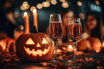 Halloween Celebration Gathering with Friends Drinks Pumpkins and Cheerful Atmosphere