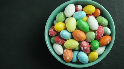 Colorful Candy Coated Chocolate Eggs in Bowl