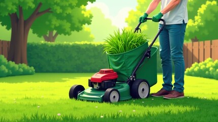 A person using a lawn mower to maintain a lush green lawn in a residential garden