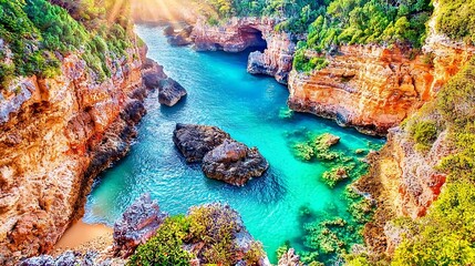 Clear turquoise water in a tropical cove, gently lapping at the shore while revealing a healthy coral reef beneath the surface. The sunlight filters through the water, casting shimmering patterns