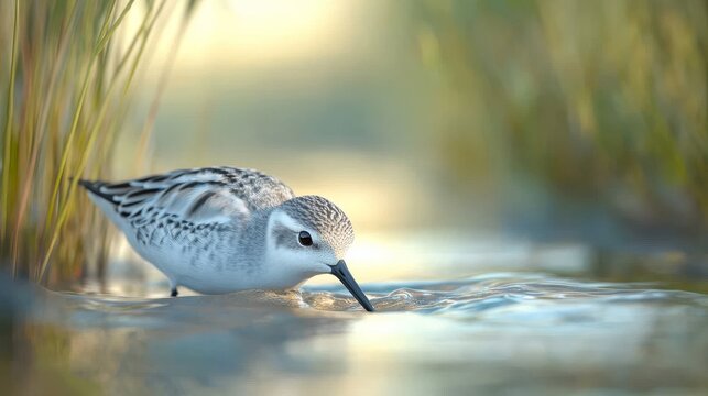 45.20. A focused close-up of a sanderling bird with its beak dipped into the water of a clear, flowing river, with a blurred background of tall grasses and soft green hues creating a tranquil