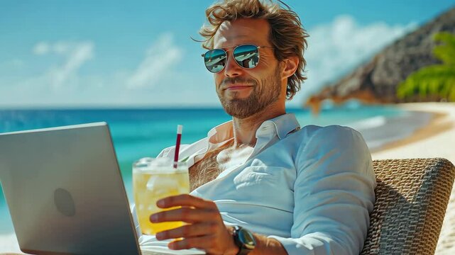 A prosperous businessman over the summer. A humorous businessman uses a laptop on a seashore while sipping a summer beverage.