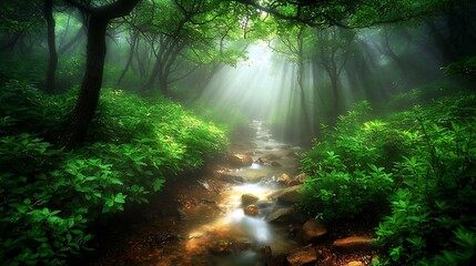 Obraz premium A flowing stream meanders through a dense forest, with sunlight streaming through the gaps in the trees, creating dramatic sunbeams on the water. The lush greenery of the forest contrasts with