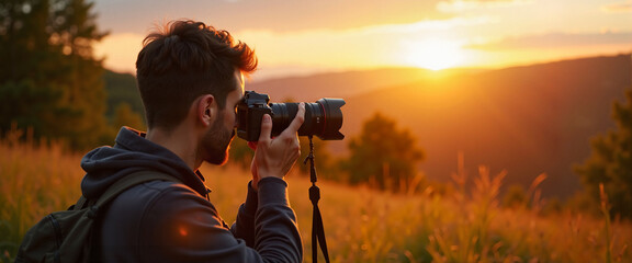 Photographer capturing sunset in golden hour landscape, artistic expression