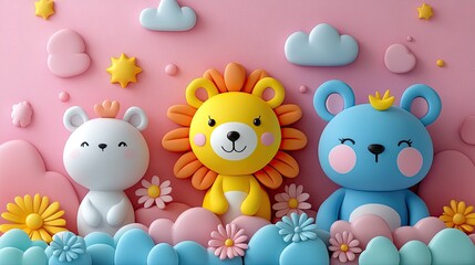 Naklejka premium Trendy pastel pink kawaii background with cute air plasticine cartoon animals, a sweet and charming design.