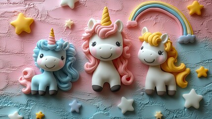 Trendy pastel pink kawaii background with cute air plasticine handmade cartoon animals, unicorns, stars, and rainbows.