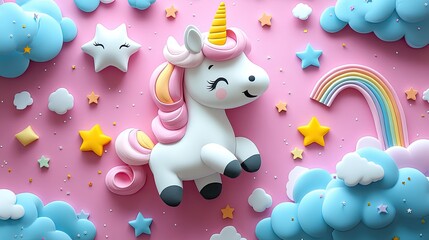 Trendy pastel pink kawaii background with cute handmade cartoon animals, unicorns, stars, and rainbows in candycore style.
