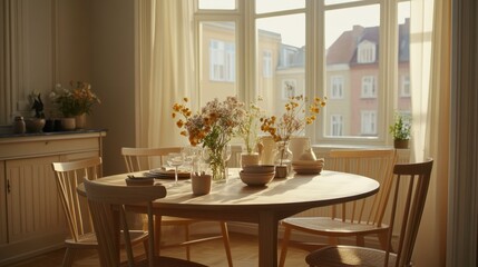 Obraz premium Cozy Dining Room with Natural Light and Wooden Decor