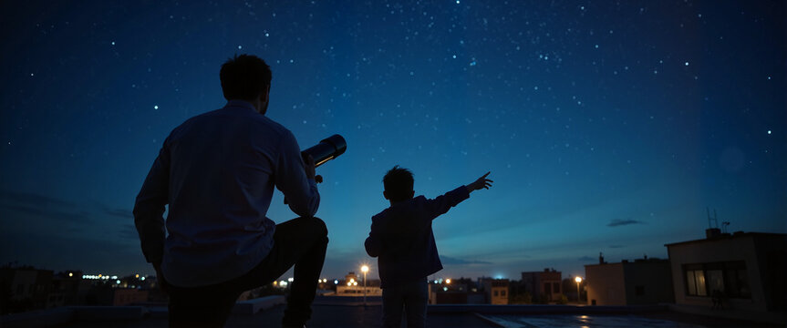 Father pointing towards constellations with child on rooftop, star gazing