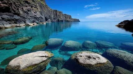 Reflections land illusion concept. Serene coastal scene featuring clear blue waters and rocky formations under a bright blue sky.
